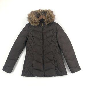 1 Madison Women's Size Small Brown Full Zip Down Puffer Jacket Faux Fur Hood